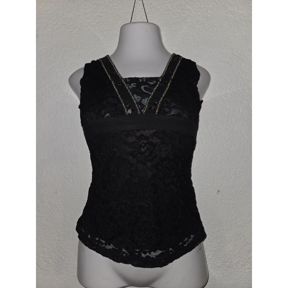 Young Essence Boho Beaded Lace Sleeve Less Small Black Baby Doll 2000s